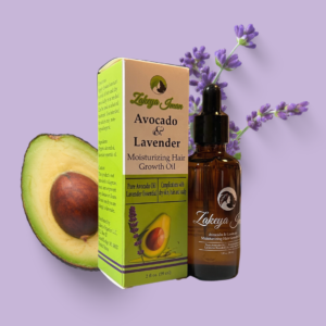 Lavender & Avocado hair oil with a purple background, lavender buds, and avocado.